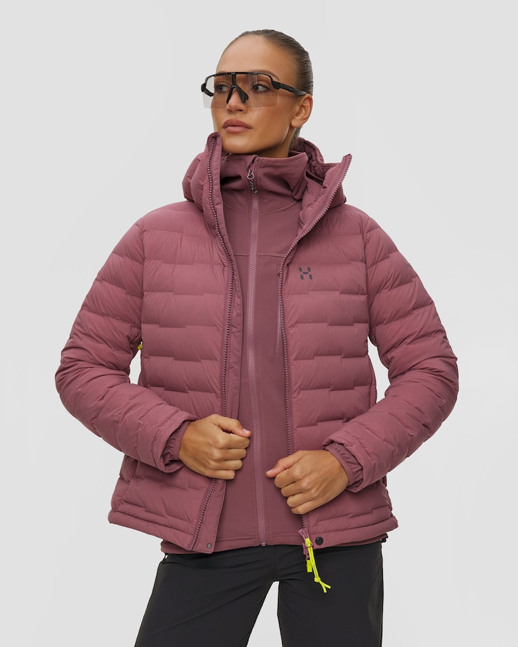 Veste en duvet pour femmes Haglofs Spitz Down Hood bordeaux, Couleur: Czerwony