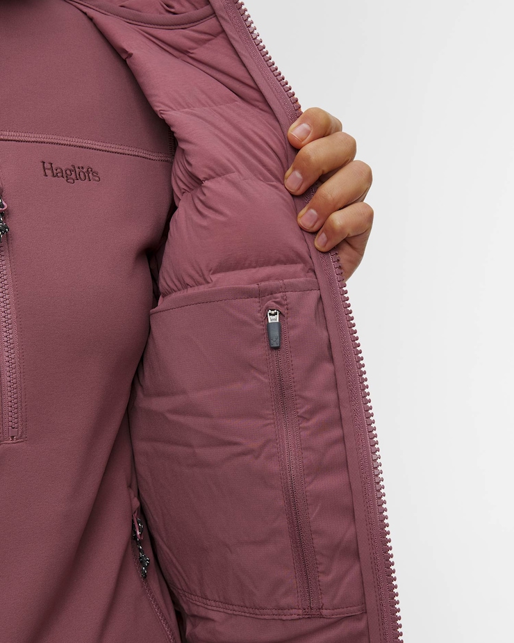 Veste en duvet pour femmes Haglofs Spitz Down Hood bordeaux